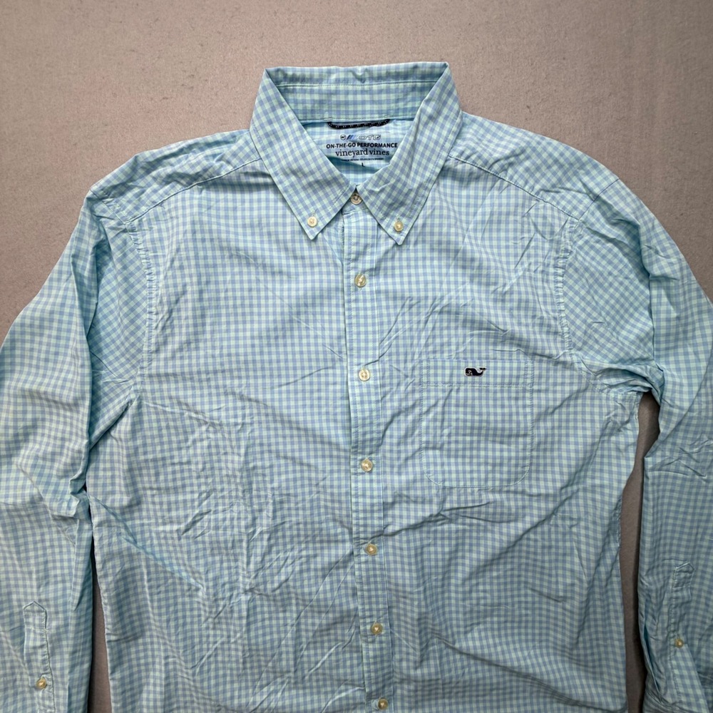 Vineyard Vines OTG Shirt Mens Large L Blue Green Gingham Performance Button Down